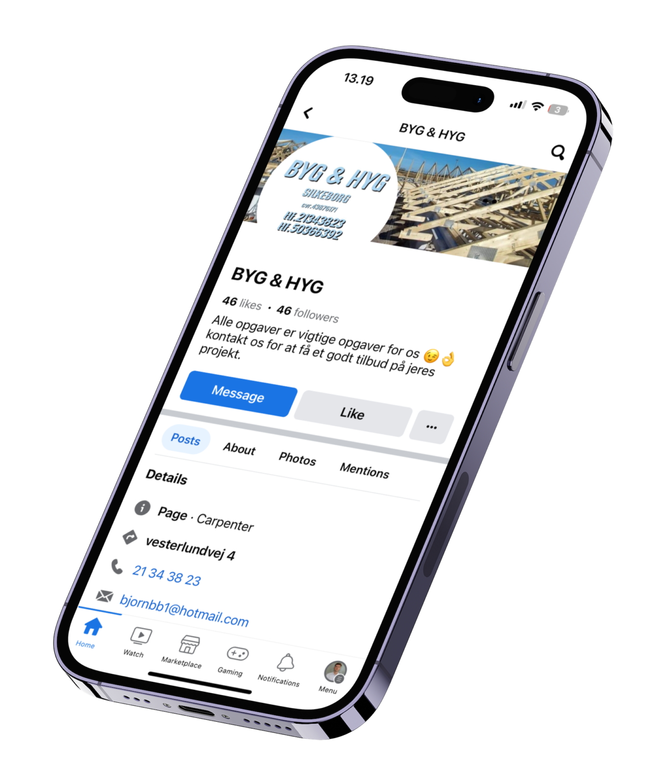BYG & HYG tømrerfirma Facebook-side på smartphone